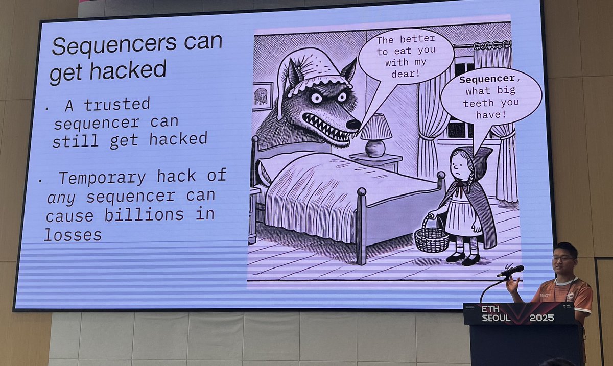 Espresso를 통해 롤업에 대한 이해

<a href="/EspressoSys/">Espresso ☕️</a> 의 <a href="/charleslu1/">Charles Lu ☕️</a> Cofounder의 발표

- Sequencer가 중앙화되어 있어서 해킹 가능성은 언제나 있음.
- 예를 들어 USDC가 롤업으로 브릿징되면 많이 될 수 록 해킹에 대한 가능성은 그만큼 높아짐
- 브릿징에 대한 이슈중 하나는 신뢰와 브릿징 시간에