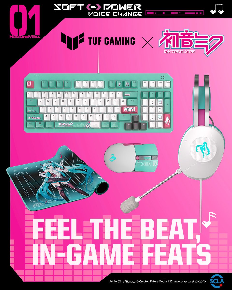 ASUS's tweet image. #TUFGamingxHatsuneMiku debut lineup?🎧,⌨️,🖱️, and mouse pad—combining TUF Gaming’s mechanical-armor aesthetics with Miku’s signature blue-green and pink colors.
 
This special-edition collection enables gamers, fans to create cybernetic-themed setups!😍

👉🏼asus.click/TUFGamingxMiku