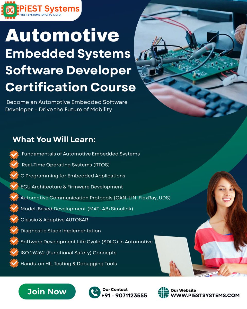 piestsystems's tweet image. 🚗 Become an Automotive Embedded Software Developer – Drive the Future of Mobility! 🌐 

📍 Available Online and Offline
📞 Call us: +91-9071123555
🌐 Visit:  piestsystems.com/automotive-emb… 

#PiestSystems #EmbeddedSystems #AutomotiveTraining #AUTOSAR #HILTesting
