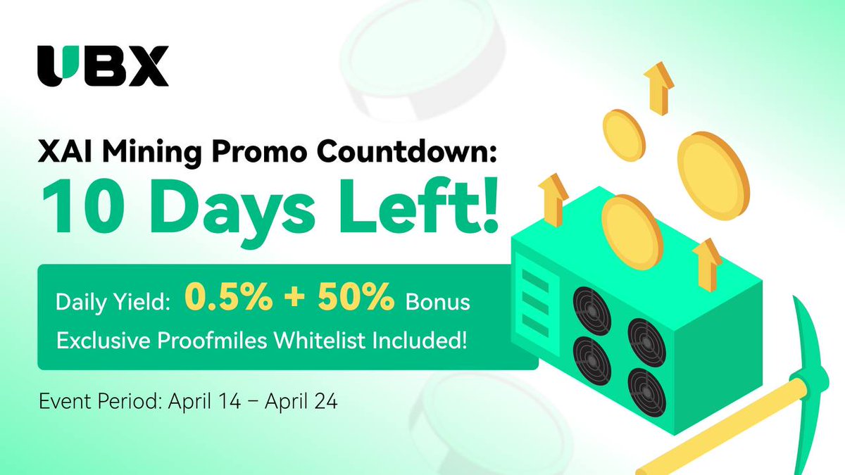 UBX_Official's tweet image. 🔥 XAI Mining Promo is LIVE — Only 10 Days!

Earn 0.5% daily + 50% Extra bonus rewards!
🎁 Join now and get Proofmiles whitelist access instantly!

⏳ Don’t miss your chance!