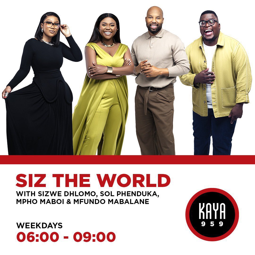 KayaOnAir's tweet photo. Welcome to #SizTheWorld with @SizweDhlomo along @Solphendukaa @Mfundo_Mabalane @MphoMaboi_

Coming Up:
- #FirstThingsFirst
- TV Show Theme Songs on #PlayDough
- Smooth Voices on #SingItBack
- #ClassicCrossover

☎️0860000959
📱0636880959
📺DStv Ch861
💻https://t.co/adNIRAQIHj https://t.co/xEiykVNW0U