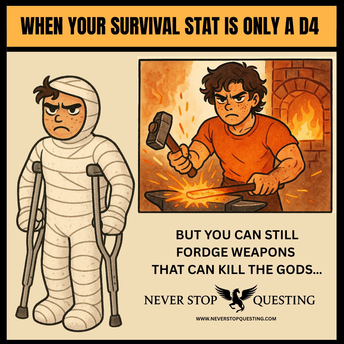 Hey if you like #ttrpg and are a fan of #PercyJackson this is the system for you! Never Stop Questing is a system specifically designed for creating epic level Greek mythology based quests. Check it out at NeverStopQuesting.com