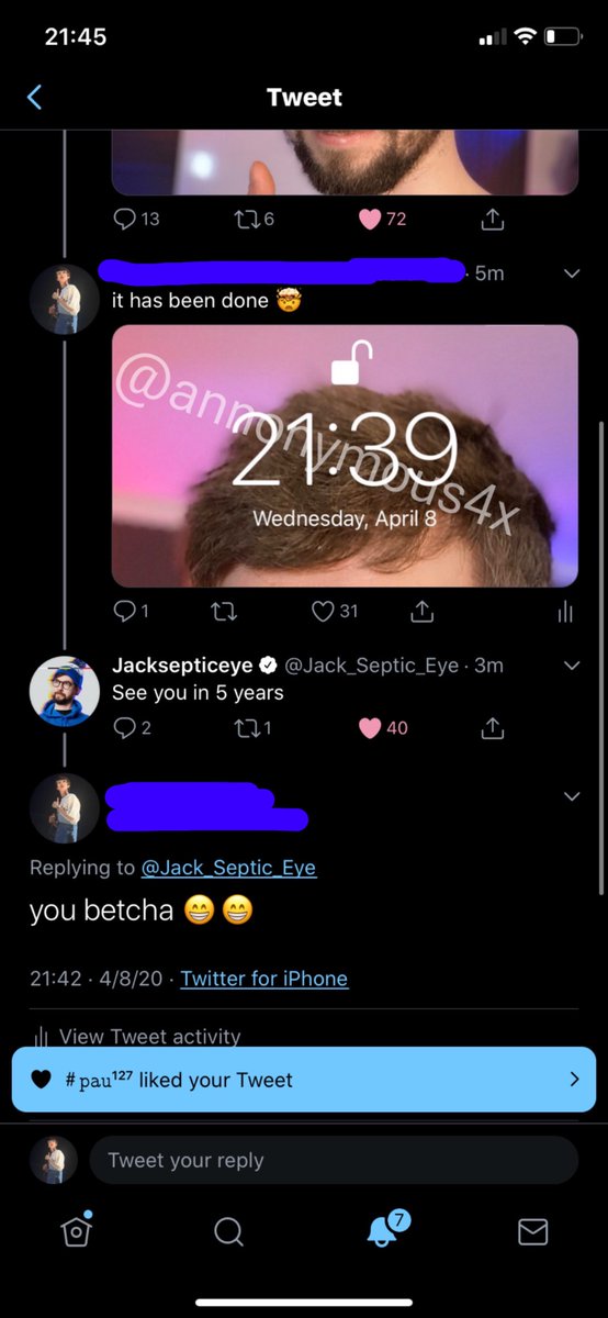 annonymous4x's tweet photo. hey @Jacksepticeye  :) 

“see you in 5 years” well, it’s been 5 years 🤯 and yes, you are still my lockscreen ! crazy how it’s been 10 years since i first tweeted you and you responded… should we continue with this ? should we stop ? how much longer can we go ? let me know :) https://t.co/2yUTDCZkMd