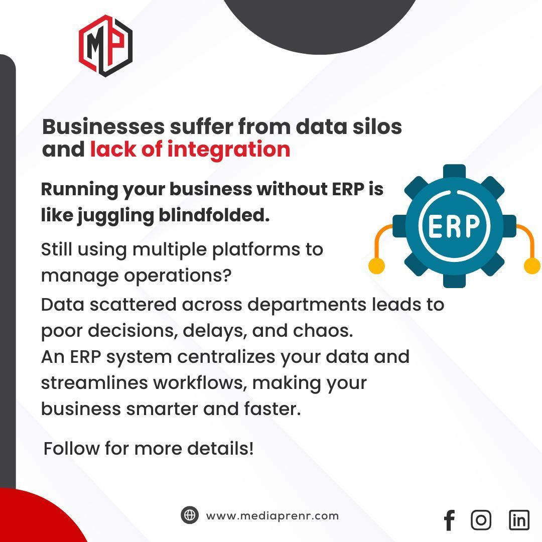 MPrenr's tweet photo. Businesses suffer from data silos and lack of integration
 
 “Running your business without ERP is like juggling blindfolded. 🎭📉”

 #ERPSystem #BusinessSolutions #DataManagement #MondayMotivation #DigitalTransformation #TechForGrowth https://t.co/mLkj4B0iCS