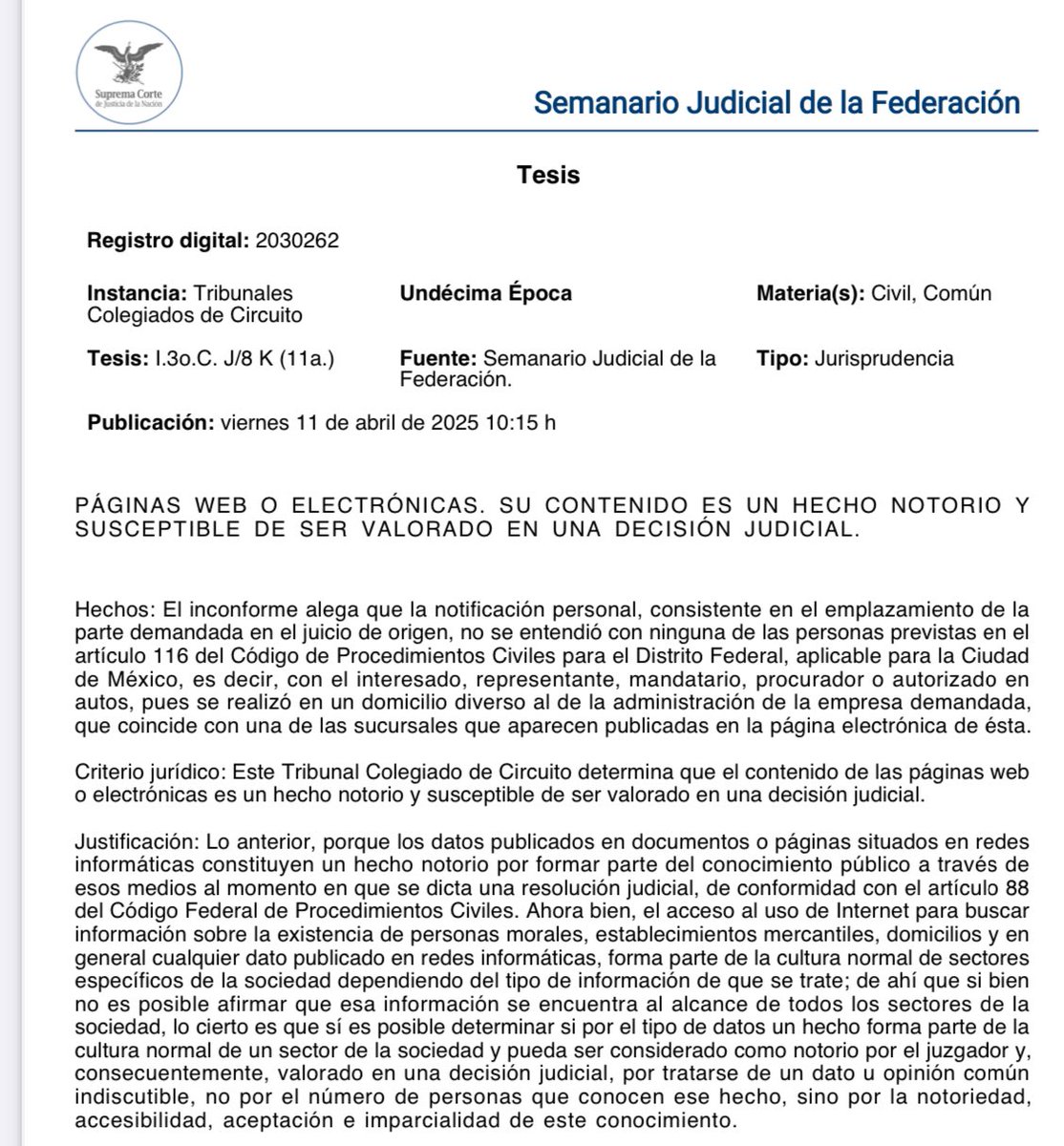 ¿Quieren demandar a alguien y el único domicilio que tienen lo sacaron de la página de internet de quién buscan demandar? Es suficiente y es posible. 📑

Hablemos un poco de la jurisprudencia de registro digital 2030262.