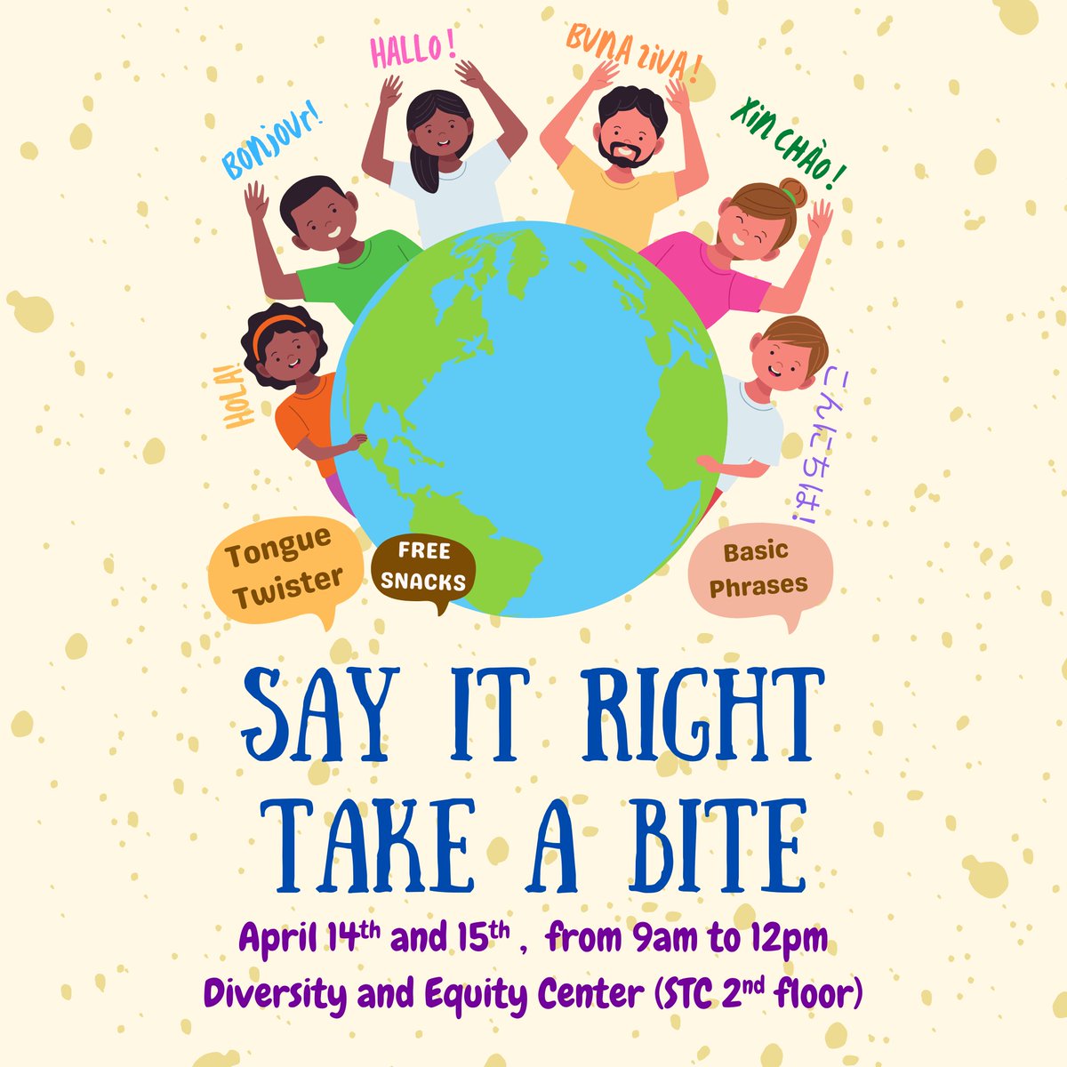 LCC_studentgov's tweet photo. MONDAY &amp; TUESDAY, we are hosting Say it Right, Take a Bite! Practice other languages, and get some free snacks! 🗣️ https://t.co/Tsz0Een11Y