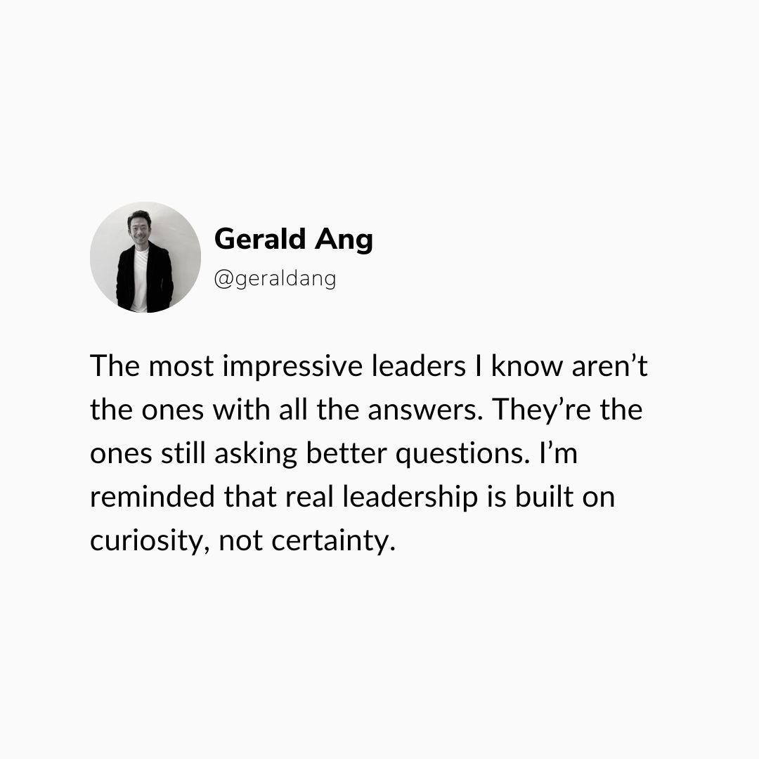 geraldang's tweet photo. Not every leader needs to be the loudest.

Or the fastest to speak.

Or the one with the perfect plan.

The ones I respect most are still learning. Still asking. Still listening.

Curiosity drives better leadership. Every time https://t.co/lSCPWBGvuN
