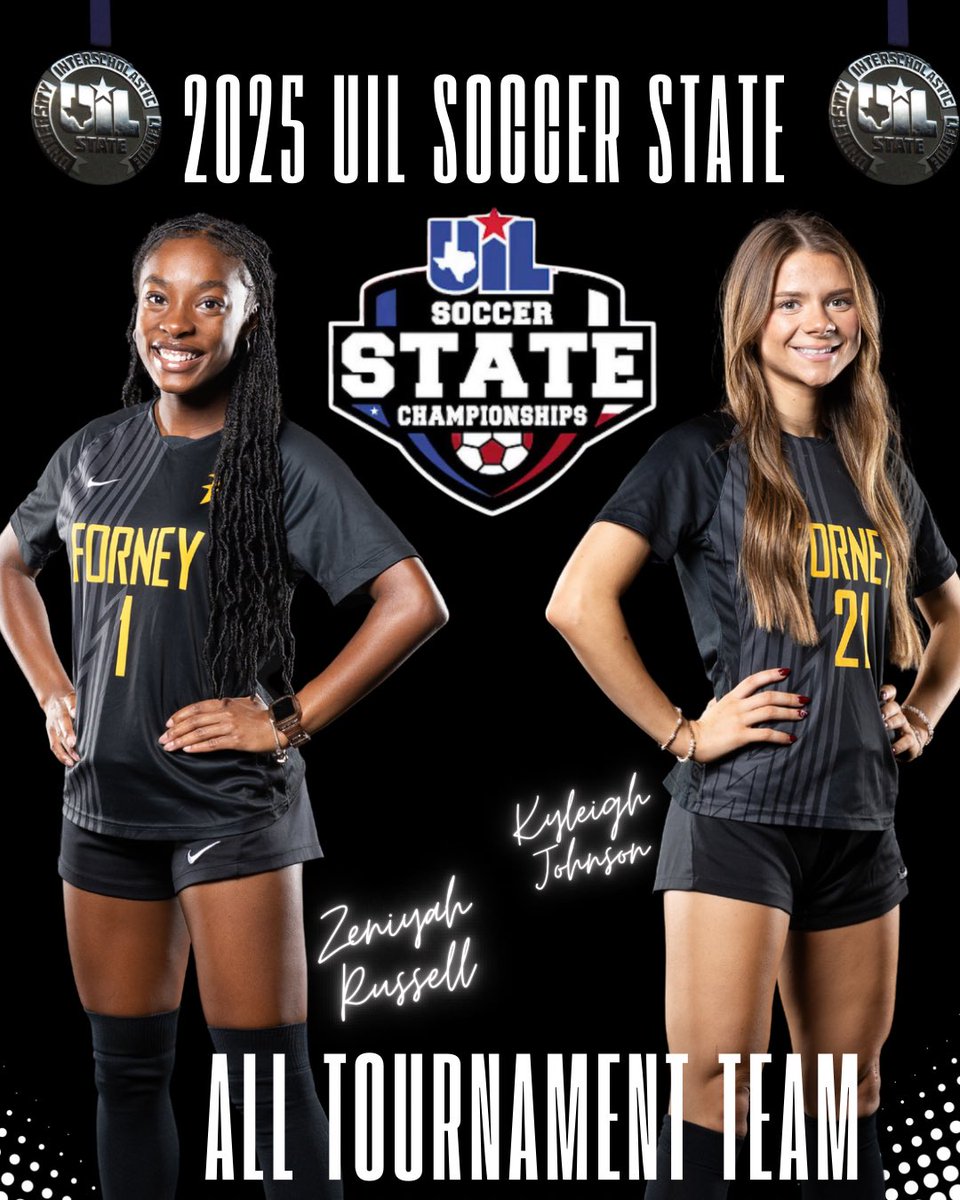 ForneySoccerLRS's tweet photo. Congratulations to our very own, Kyleigh Johnson and Zeniyah Russell for being named to the UIL 6A D2 All Tournament team by @tascosoccer! We are so proud of y’all! @Zruss08 and @kyleighj2025 https://t.co/DTPzOWaw8X