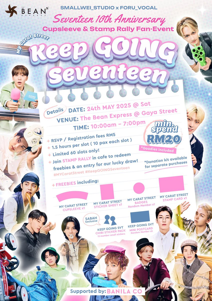 Calling all SABAH carats!!
#MYCaratStreet #KeepGOINGSeventeen 

✦ Keep GOING SEVENTEEN ♡ 
KK's SEVENTEEN 10th Anniversary Cupsleeve &amp; Stamp Rally Fan-Event! 

🍒In collaboration with KL’s MY CARAT STREET! We are the sub event in Kota Kinabalu with GOING SEVENTEEN as our theme!