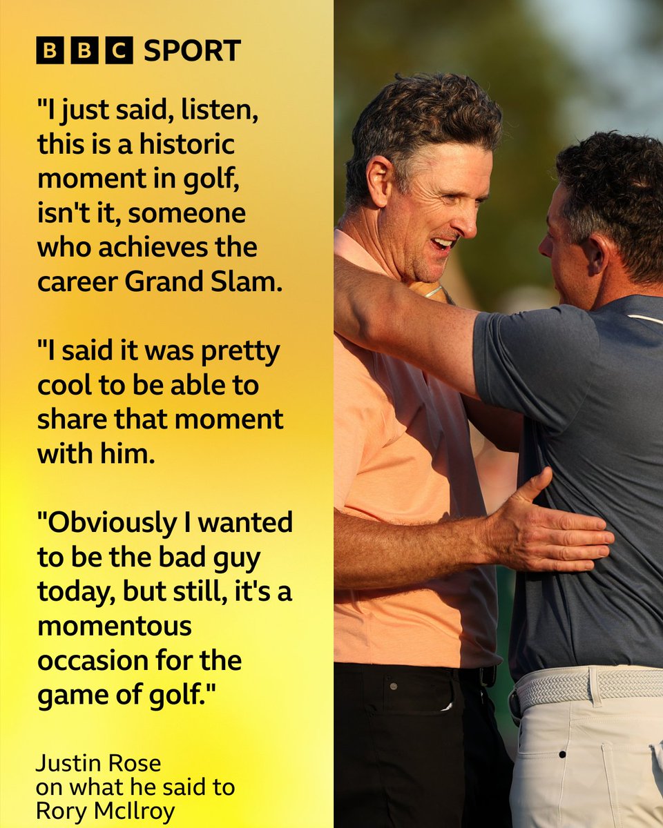 It's the second time Justin Rose has lost a Masters play-off.

But he recognises a special moment for Rory McIlroy 👏

#TheMasters