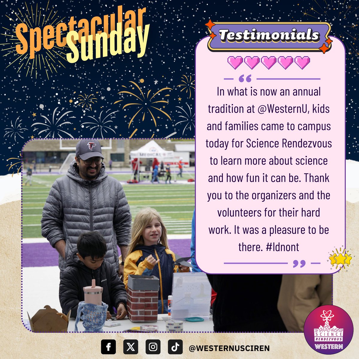 WesternuSciRen's tweet photo. 🌟 It’s #SpectacularSunday! 🌟
💬 “At @WesternU, families gathered for Science Rendezvous—an annual tradition to celebrate how fun science can be! Huge thanks to the organizers & volunteers. #ldnont”
Let’s do it again! Join us on Saturday, May 10 for more STEM magic! 🚀🔬 https://t.co/6K1ND0KWX2