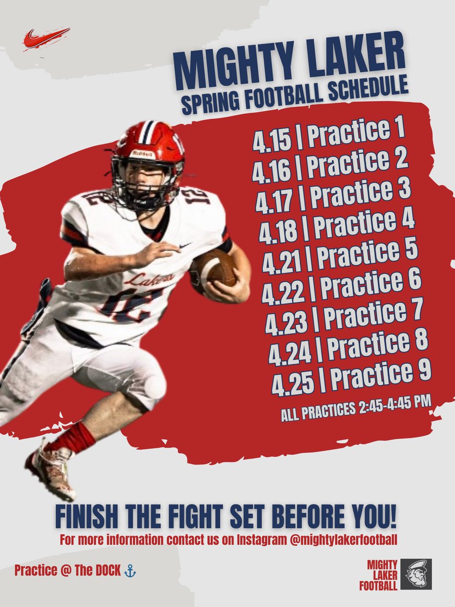 SPRING FOOTBALL STARTS THIS WEEK!COME JOIN MIGHTY LAKER FOOTBALL! 
If you are thinking of playing football now is the time to come see what it’s all about!