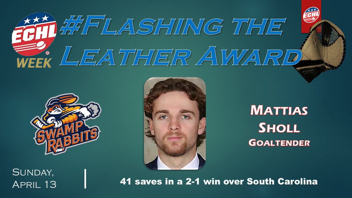 Our final #ECHLWeek #FlashingTheLeatherAward for this season goes to the <a href="/SwampRabbits/">Greenville Swamp Rabbits</a> goalie who was responsible for ending the <a href="/SCStingrays/">South Carolina Stingrays</a>' 17-game winning streak in just his fourth professional game.
