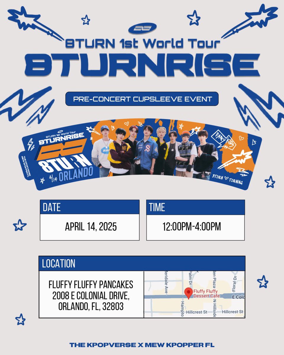 TheKpopverse's tweet photo. #TURNING tomorrow join us at 8TURN’s concert cupsleeve event in Orlando on Monday April 14th at Fluffy Fluffy Pancakes!

🌟Hosted by:
@TheKpopverse 
@Mew_Kpopper_Fl 

📍: Monday, April 14th
⏰ : 12:00-4:00pm

🧋Buy one drink get one free cupsleeve 

#8TURN1stWorldTour #8TURN https://t.co/3e9k2QaQpi