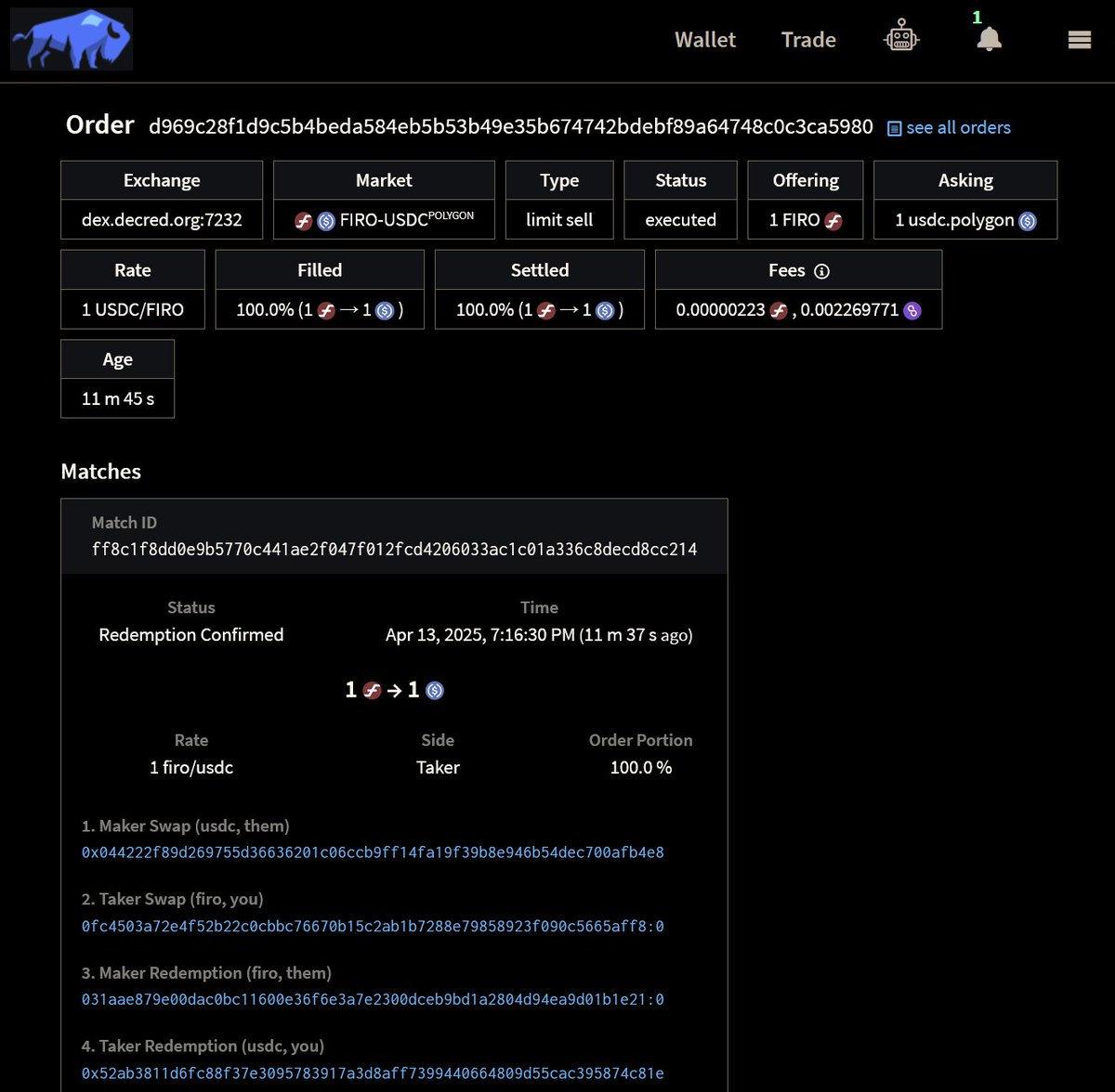 exitusdcr's tweet image. I just did a world first FIRO/USDC Atomic-Swap on @BisonWallet! 

Completed in about 10 minutes. Near 0 fees. Totally self-custodial.

We should have @firoorg pairs and Market Makers up soon for everyone to use.

While @binance is delisting good projects, we are adding them!