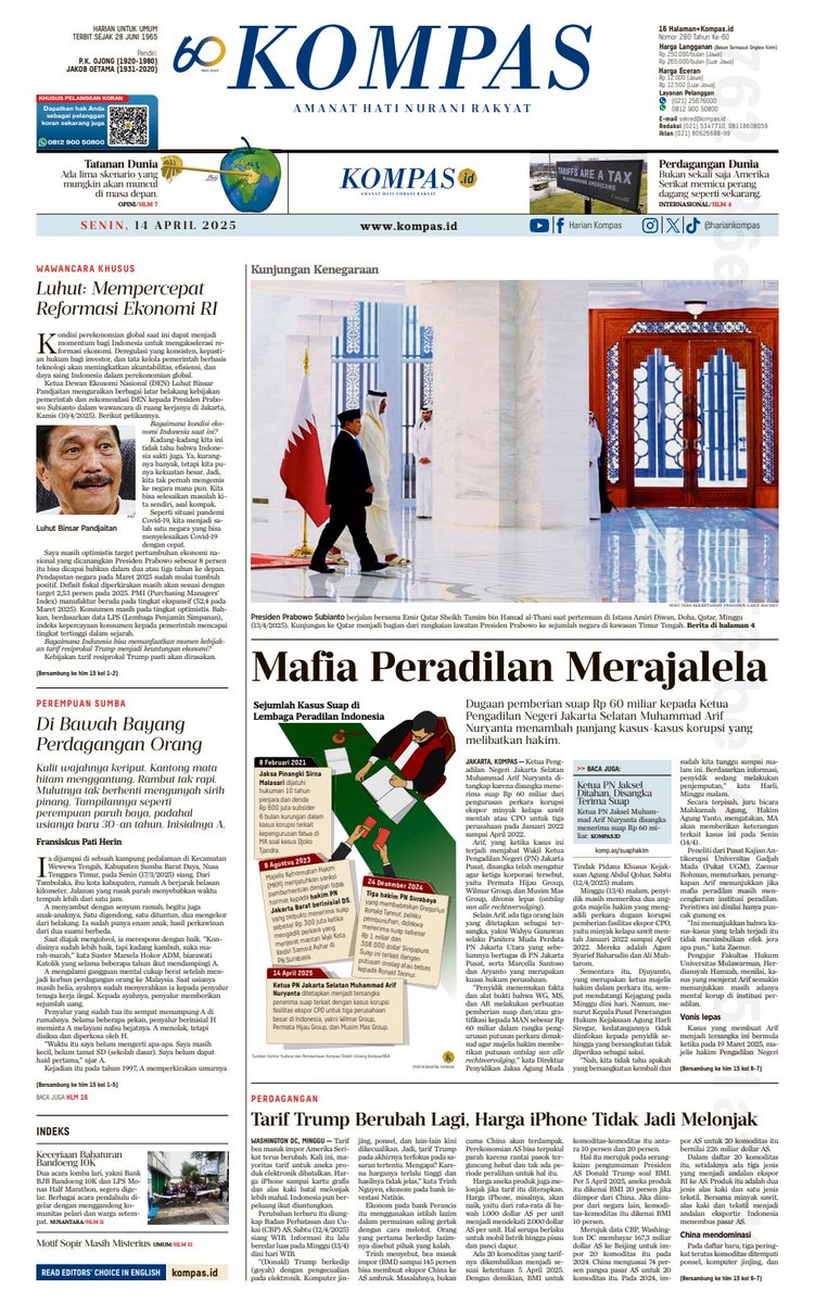 hariankompas's tweet image. Selamat pagi Sahabat Kompas. Dugaan pemberian suap Rp 60 miliar kepada Ketua Pengadilan Negeri Jakarta Selatan Muhammad Arif Nuryanta menambah panjang kasus-kasus korupsi yang melibatkan hakim.

Baca selengkapnya di sini kompas.id/artikel/ketua-…

#Polhuk #Adadikompas