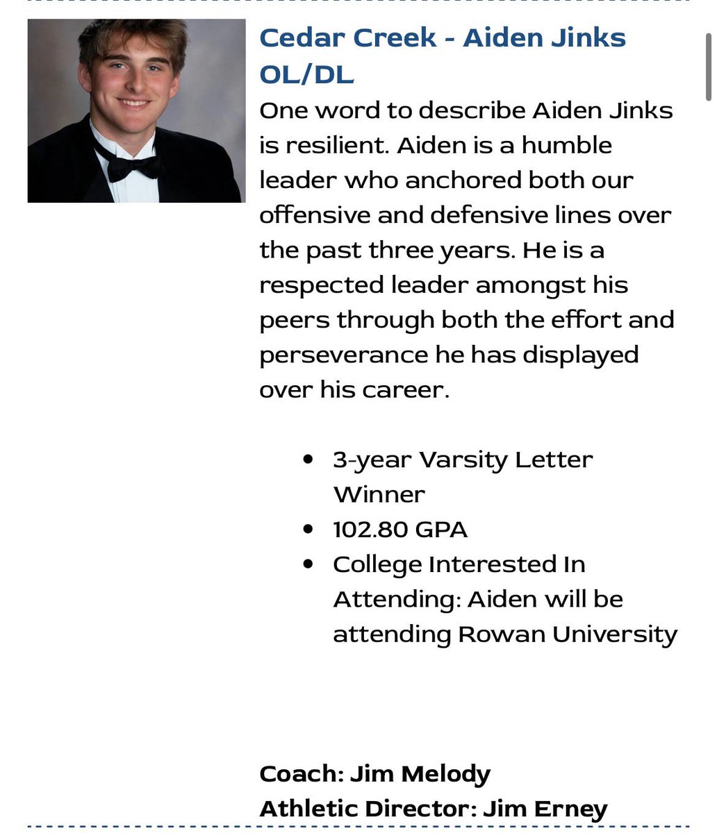 Congrats to Aiden Jinks on being Cedar Creek’s honoree at the National Football Foundation-SJ schloar-athlete banquet! <a href="/cedar_football/">Cedar Creek Football</a> <a href="/NffSouth/">NFF South Jersey Chapter</a> <a href="/rowanfootball1/">rowanfootball.com</a>