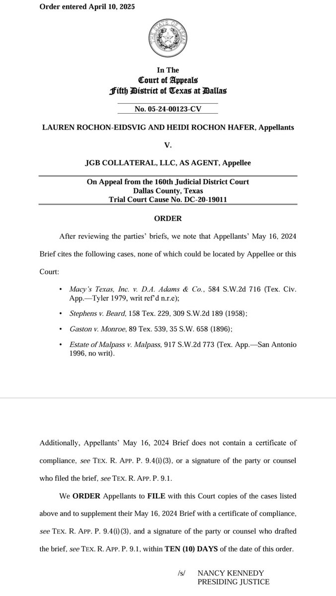 It happened again. 

An attorney filed a brief in the Dallas Court of Appeals citing four cases that neither opposing counsel nor the court could locate. 

Last week the court gave counsel 10 days to file copies of the four cases. 

This will not end well.

#appellatetwitter