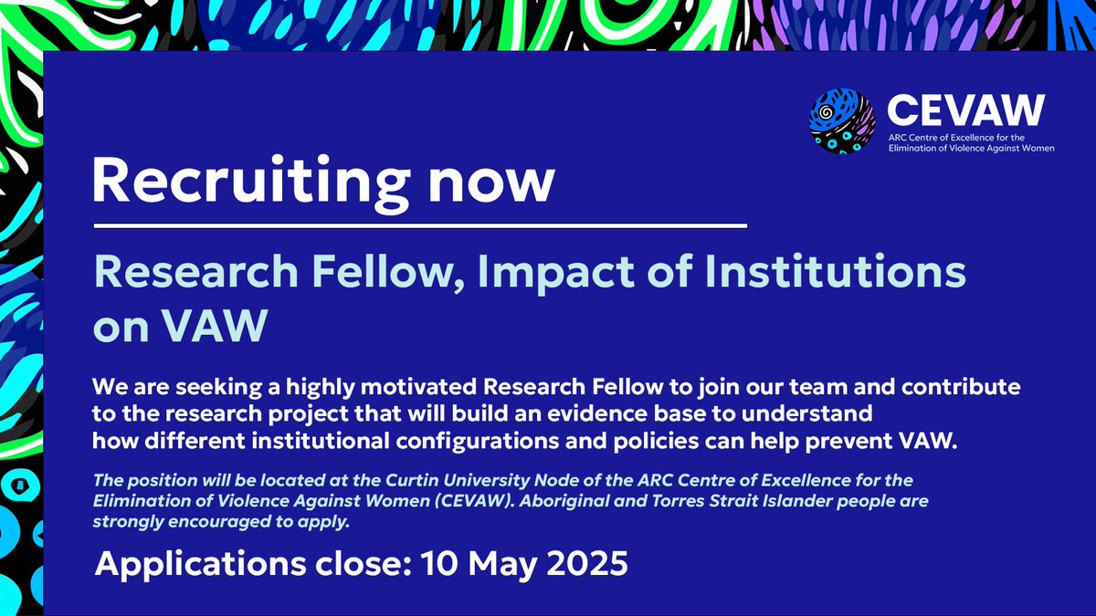 CEVAW (@_cevaw) on Twitter photo 👉 CEVAW is #recruiting.
Join CEVAW at the <a href="/CurtinUni/">Curtin University</a> node as a Research Fellow.
Aboriginal and Torres Strait Islander people are encouraged to apply.
Apply here: staff.curtin.edu.au/job-vacancies/…
#CEVAW #Researchexcellence #hiring #joinus #ResearchFellow #VAW 👉 CEVAW is #recruiting.
Join CEVAW at the <a href="/CurtinUni/">Curtin University</a> node as a Research Fellow.
Aboriginal and Torres Strait Islander people are encouraged to apply.
Apply here: staff.curtin.edu.au/job-vacancies/…
#CEVAW #Researchexcellence #hiring #joinus #ResearchFellow #VAW