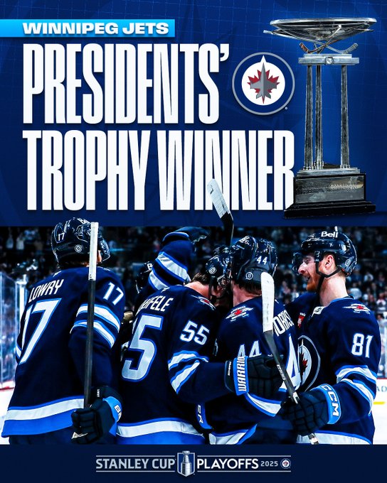 Top left: in white text on a light blue background reads, "Winnipeg Jets". Beneath that in large white text on a dark blue background reads, "Presidents' Trophy winner" with the Jets logo.

Top right: the Presidents' Trophy.

Bottom: multiple Jets players on ice in Jets uniforms celebrating. Beneath that is the 2025 Stanley Cup Playoffs logo.