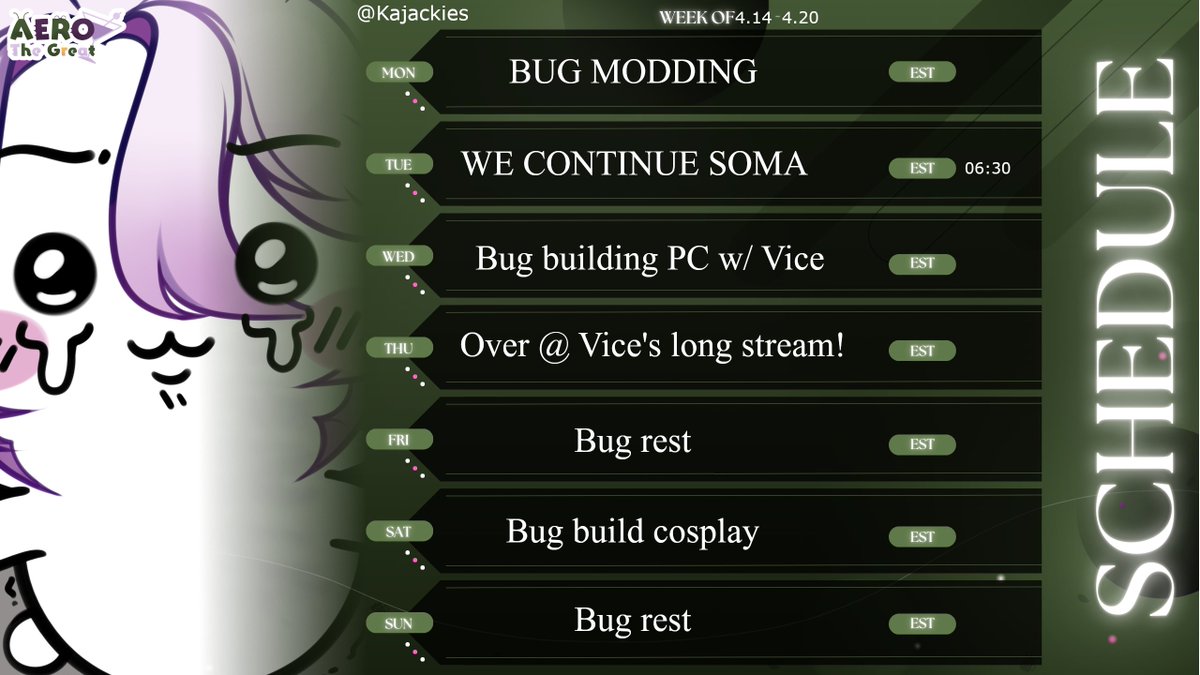 AeroTheGreat's tweet photo. On Tuesday we continue Soma! I love this game so far and can't wait to see where it goes! Wednesday I help build @ViceroyLimentis PC and then Thursday I'll join them on their long stream! Over the weekend we got some cosplay work with friends in the works!
#ENVtuber #BugVtuber https://t.co/9IjldHL94d