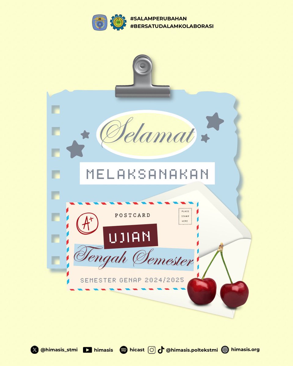 [ UTS Semester Genap 2024/2025 ]

Selamat mengerjakan Ujian Tengah Semester untuk seluruh mahasiswa Politeknik STMI Jakarta 💪🏻
Tetap semangat, jaga kesehatan, dan jangan lupa istirahat yang cukup.
Sukses selalu dari kami HIMASIS 🔥

 #SALAMPERUBAHAN
#BERSATUDALAMKOLABORASI