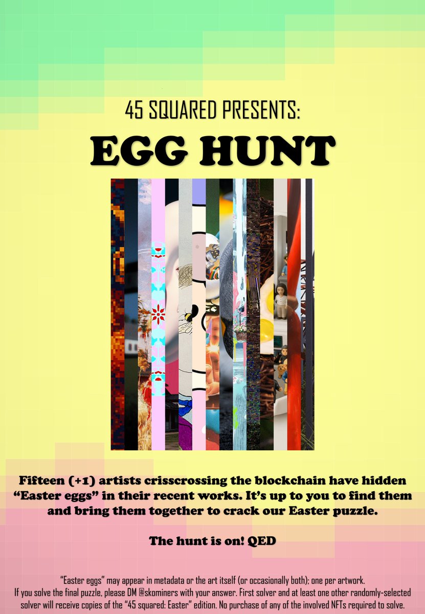 It couldn't be Easter without an EGG HUNT!

I've teamed up with fifteen artists who graciously hid "Easter eggs" in new works they minted this weekend.

Can you find them? 🥚👀👀👀