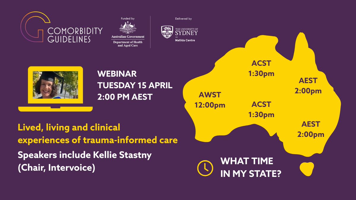 The Matilda Centre (@thematilda_usyd) on Twitter photo TUESDAY WEBINAR | What are the lived, living and clinical experiences of trauma-informed care? Learn more at our Comorbidity Project webinar with <a href="/stastny_kellie/">Kellie Stastny</a>, Tuesday from 2-3pm AEST. Register: uni-sydney.zoom.us/webinar/regist…
<a href="/K_L_Mills/">Katherine L Mills</a> <a href="/christina_marel/">Dr Christina Marel</a> <a href="/EB_Madden/">Erin Madden</a> TUESDAY WEBINAR | What are the lived, living and clinical experiences of trauma-informed care? Learn more at our Comorbidity Project webinar with <a href="/stastny_kellie/">Kellie Stastny</a>, Tuesday from 2-3pm AEST. Register: uni-sydney.zoom.us/webinar/regist…
<a href="/K_L_Mills/">Katherine L Mills</a> <a href="/christina_marel/">Dr Christina Marel</a> <a href="/EB_Madden/">Erin Madden</a>