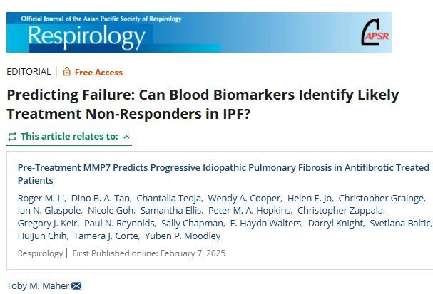 Predicting Failure: Can Blood Biomarkers Identify Likely Treatment Non-Responders in IPF? 
onlinelibrary.wiley.com/doi/10.1111/re… 
and Editorial by Toby Maher @tobymmaher  on recent research:
onlinelibrary.wiley.com/doi/10.1111/re…

Follow us on Bluesky: @respirology.bsky.social