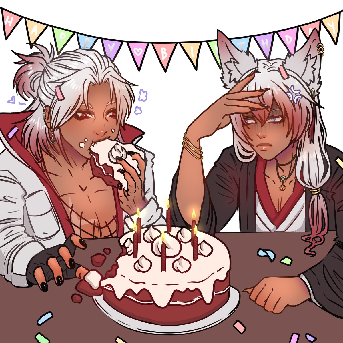 Birthday sketch comm for <a href="/ShiroChVT/">shirochvt @ blue🦋sky</a> ~!
Just a shark and a fox sharing some cake..!
#shillustrate