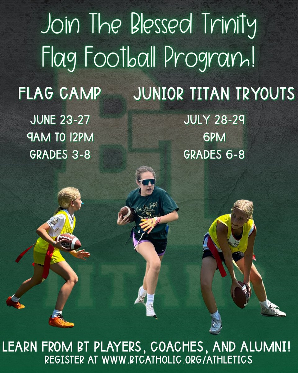 Our Girls Flag Football Camp is quickly filling up! Open to rising 3rd grade through 8th! Sign up today!