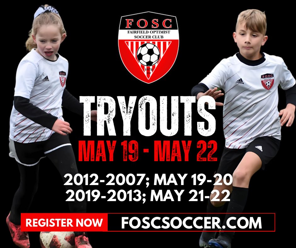Come be a part of the #FOSC team! Tryouts are May 19-22. Register now at foscsoccer.com. #JoinFOSC