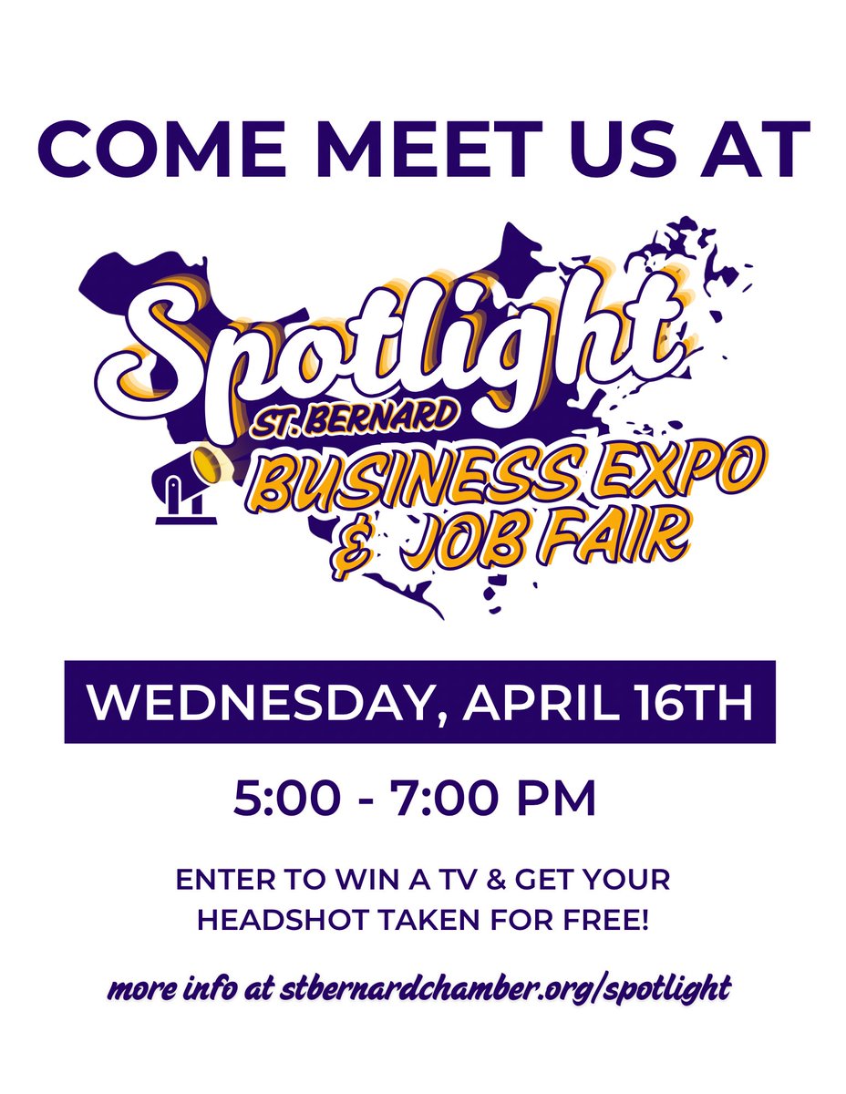 StBChamber's tweet photo. Come meet us this Wednesday, April 16 | 5–7PM at Spotlight St. Bernard Business Expo &amp; Job Fair!
📸 Free headshots
🎟️ TV Raffle
💼 Discover Local Jobs and Opportunities 

More info: https://t.co/VoAokVDJcO https://t.co/UKhrndF593
