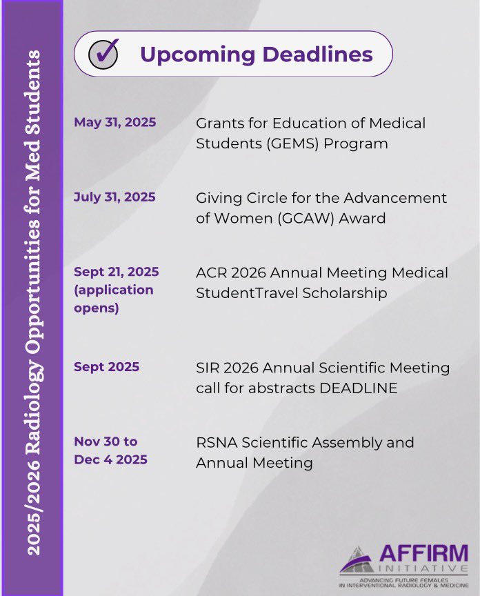 Medical students, don't miss these radiology opportunities! 

Whether you are interested in Interventional Radiology or expanding your network at national conferences — these 2025/2026 deadlines are for YOU!! 💜🩻💉