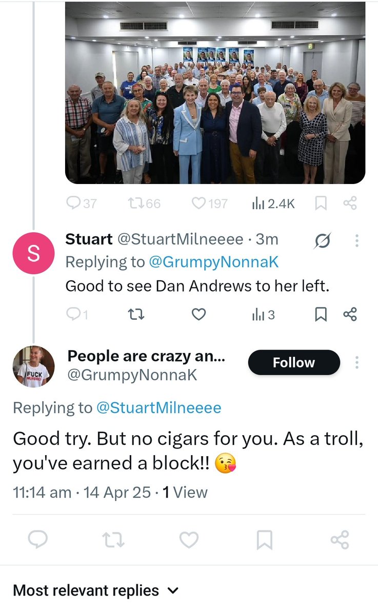 Check out this loser. Posts a reply and blocks. Nice one <a href="/GrumpyNonnaK/">People are crazy and times are strange.</a>