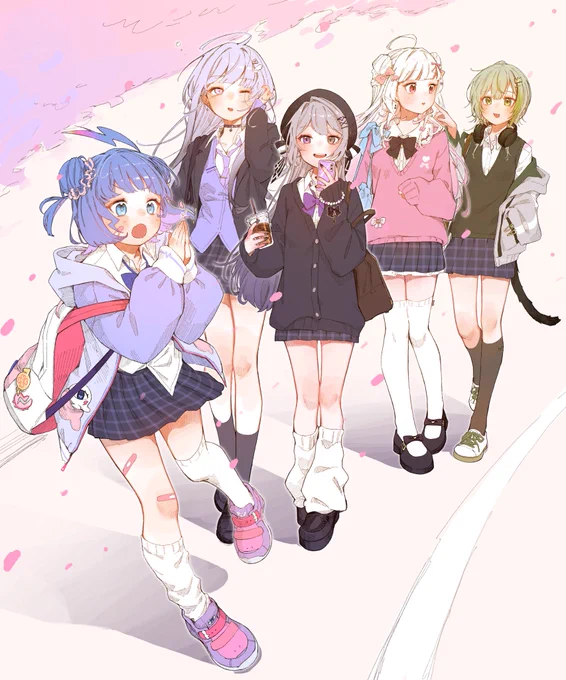 羽汐なゆたさん/心栖すみかさん/ゆあせさん/愛守海りせさん/ことねこと。さん の5人の学パロイラストをご依頼で描かせていただきました 制服考えるのむちゃむちゃ楽しかったです～⟡.· ツリーに1人ずつの画像載せます!↓