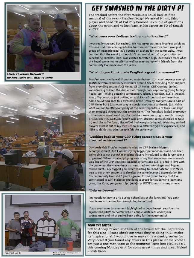 LOCAL REPORT!

Catch up on the SoCal scene and see what folks have to say about the first McClouds, SaltInYourEye being the future of melee, Kool-Aid Seltzers, and so much more!

Written and Stylized by: @JoshKano_Stuff

Go to your locals! 😤