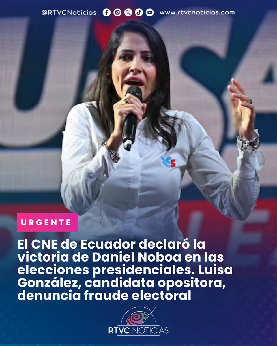 🔴 ÚLTIMO MOMENTO 🔴

🇪🇨🗳️ Entre sospechas de fraude, el Consejo Nacional Electoral de Ecuador declaró la victoria de Daniel Noboa en la segunda vuelta de las elecciones presidenciales, durante un Estado de Excepción en provincias que favorecían a su opositora, Luisa González.