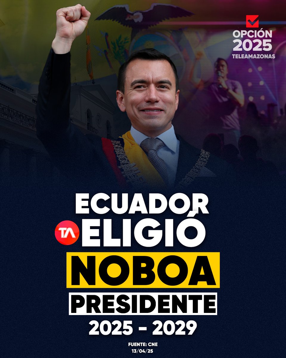 teleamazonasec's tweet photo. #EleccionesEcuador2025 | Daniel Noboa es electo presidente de Ecuador, informa Diana Atamaint, titular del CNE. “Tendencia irreversible” https://t.co/eHiOPcmaWV https://t.co/wzKZWFzDrp