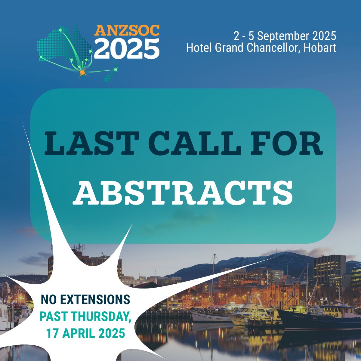 Last call for abstracts!!!!!
ABSTRACTS - anzsoconference.org/submissions
REGISTRATIONS - anzsoconference.org/registration