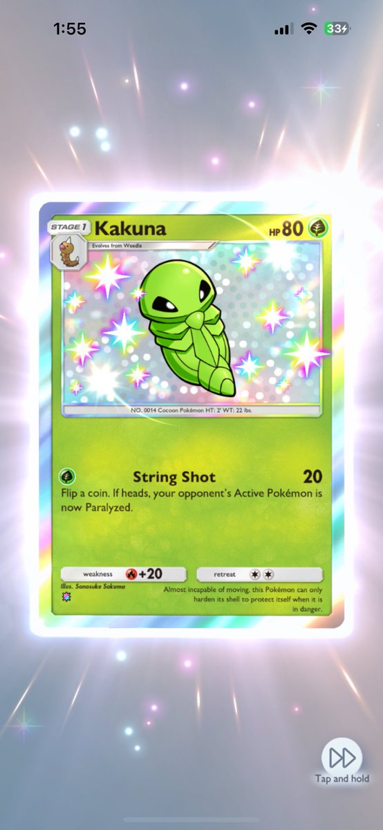 PapiPastrami's tweet photo. @PokemonTCGP Then there’s me getting 4 shiny Kakunas and nothing else 🥲 https://t.co/xyaa5ntghg