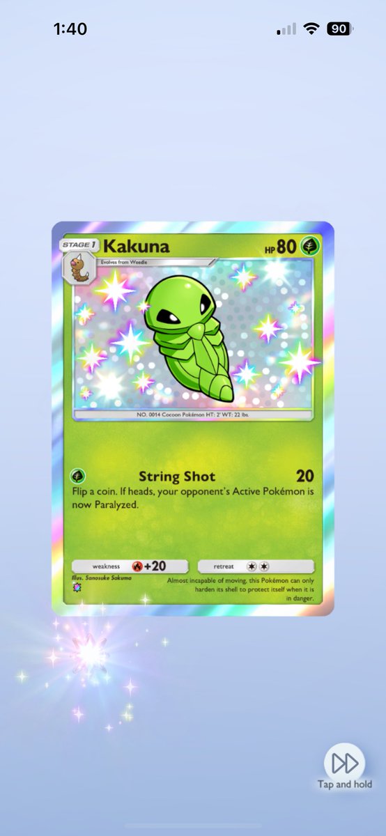 PapiPastrami's tweet photo. @PokemonTCGP Then there’s me getting 4 shiny Kakunas and nothing else 🥲 https://t.co/xyaa5ntghg