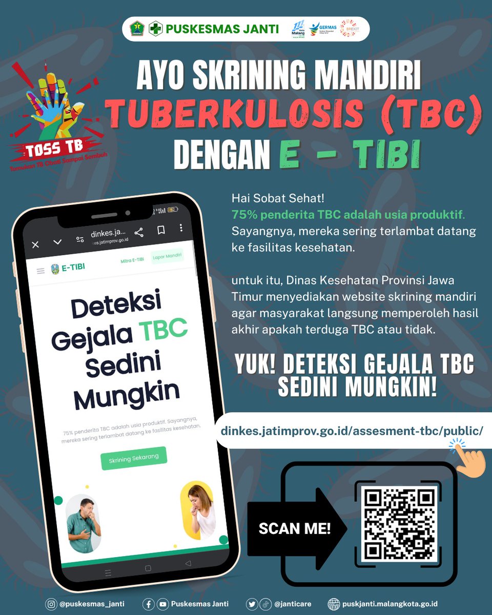 janticare's tweet photo. Hai,
75% penderita TBC adalah usia produktif. Sayangnya, mereka sering terlambat datang ke fasilitas kesehatan.
untuk itu, Dinas Kesehatan Provinsi Jawa Timur menyediakan website skrining mandiri agar masyarakat langsung memperoleh hasil akhir apakah terduga TBC atau tidak. https://t.co/4pg4hW53T4
