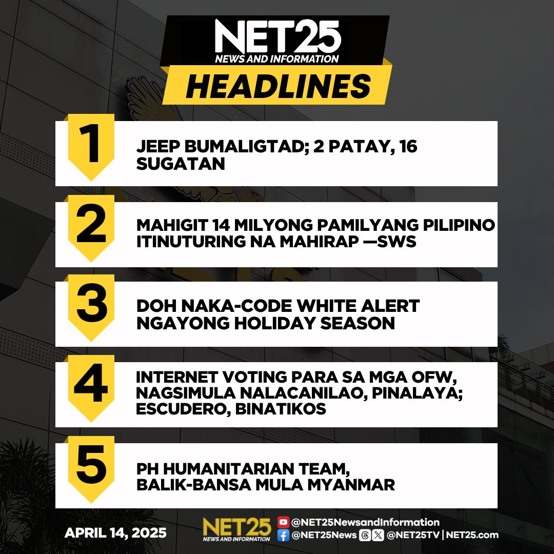 NET25TV's tweet photo. NET25 Headlines | Lunes | Abril 14, 2025
Abangan ang mga detalye ng balita sa ating NET25 social media pages.
#Headlines #NET25NewsandInformation #news #QuezonCity #jeepney #incident #SWS #mahirap #DOH #CodeWhiteAlert #OFW #PHIAC #Myanmar https://t.co/bKDC4RruUL