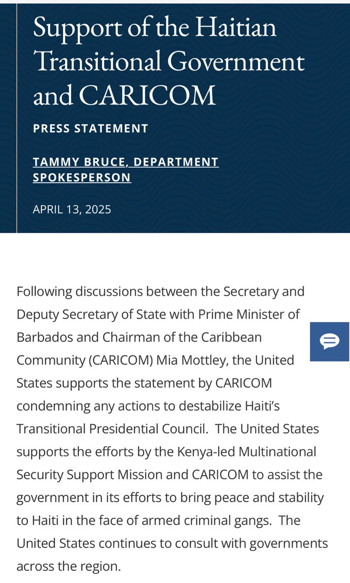 JournalLaRep's tweet photo. Les États-Unis soutiennent fermement la #CARICOM et condamnent toute tentative de déstabilisation du Conseil Présidentiel de Transition en Haïti. Appui réaffirmé à la mission de sécurité dirigée par le Kenya pour restaurer l’ordre face aux gangs armés.#CPT #Haiti https://t.co/xv09Tqcgio