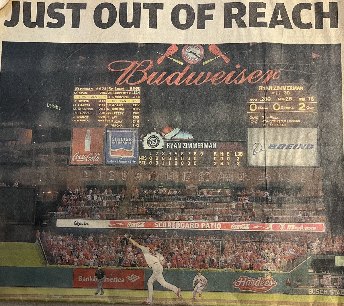 KeithElkinsLex's tweet photo. @BBGreatMoments This close…9/24/13. Two outs in ninth, Ryan Zimmerman’s bouncer goes off the tip of Michael Wacha’s glove. Zimmerman beat the throw from shortstop Pete Kozma for an infield hit. https://t.co/KjEEB0a88t