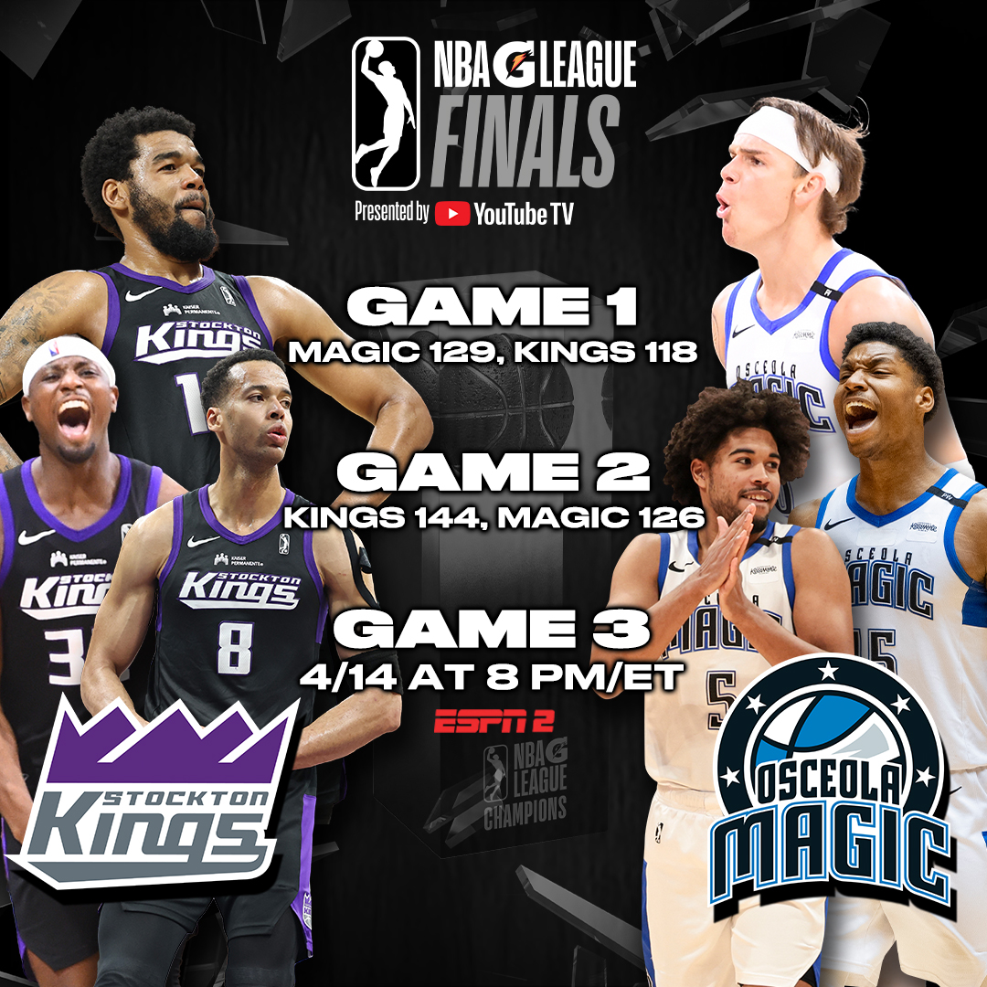WINNER. TAKES. ALL. 🏆

The G League season all comes down to tonight, with the <a href="/StocktonKings/">Stockton Kings</a> and <a href="/OsceolaMagic/">Osceola Magic</a> squaring off in a decisive Game 3 of the #NBAGLeagueFinals presented by <a href="/YouTubeTV/">YouTube TV</a> at 8 PM/ET on ESPN2.