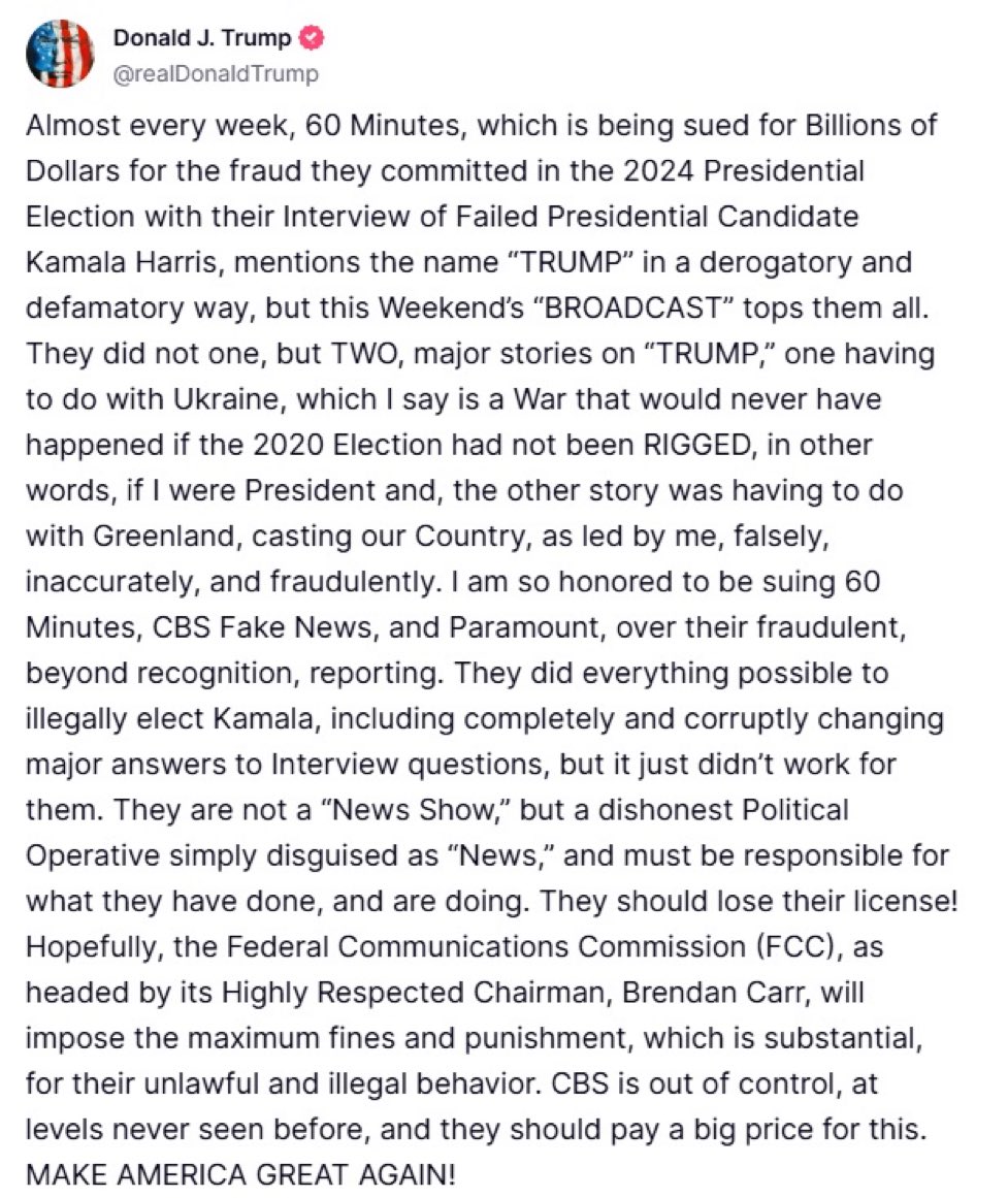 🚨BREAKING: President Trump announces he is suing CBS, 60 Minutes, and Paramount for BILLIONS.