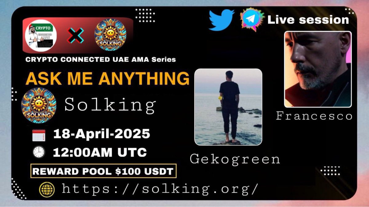 We're thrilled to invite our special guests  Francesco &amp; Gekogreen is upcoming TG AMA with <a href="/SolKing_memeSol/">SolKing</a>  
Date: friday 18 April 2025
Time: 12:00AM UTC TIME
Venue: t.me/Crypto_Connect…

PS:Come along with your questions,a 100$ community reward awaits 🤑