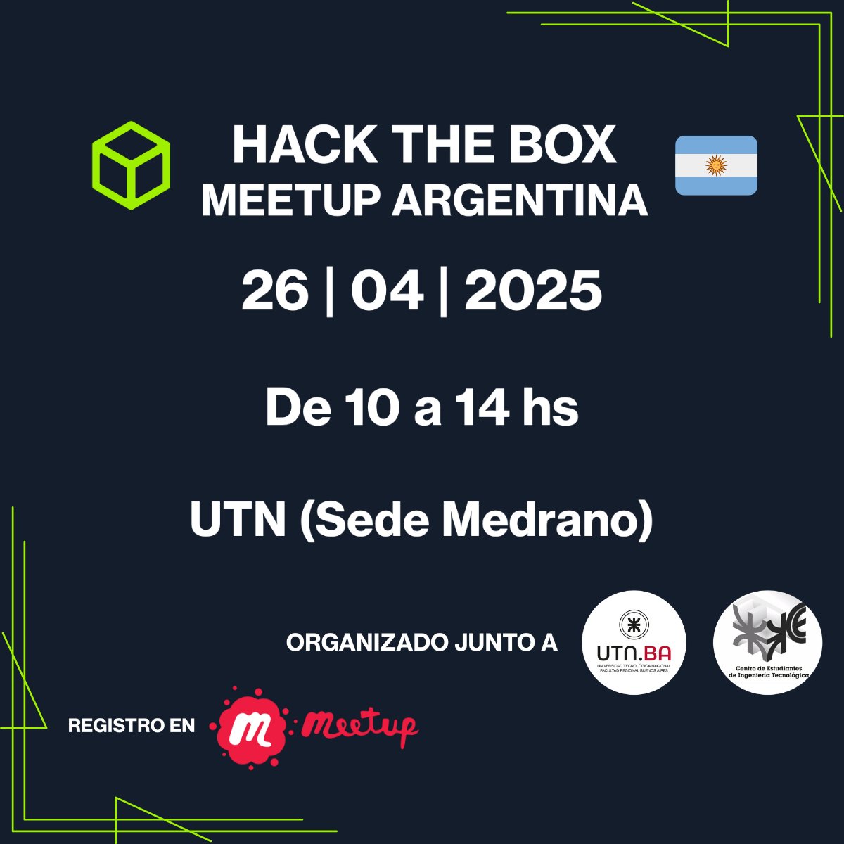 🚨 ¡Hack The Box Meetup Argentina en el Aula Magna de la UTN Sede Medrano el 26/04 de 10 a 14 hs!

🎟 Entrada gratis con registro previo (cupos limitados)
🍲 Colaborá con un alimento no perecedero 💚

📌 Registro meetup.com/hack-the-box-m…

⚡️Charlas, sorteos y comunidad🥳

¡Sumate!